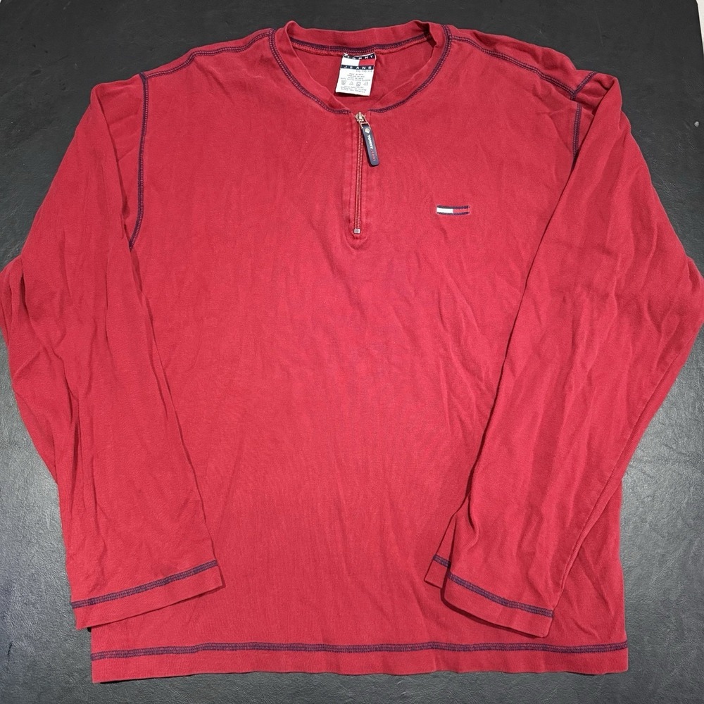 Vintage Tommy Jeans Long Sleeve Quarter Zip Shirt Red Logo 90s Y2K Mens 2XL